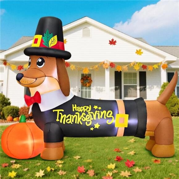 New 5FT Thanksgiving Inflatables Decorations Blow Up Dachshund with Pumpkin - Picture 6 of 7